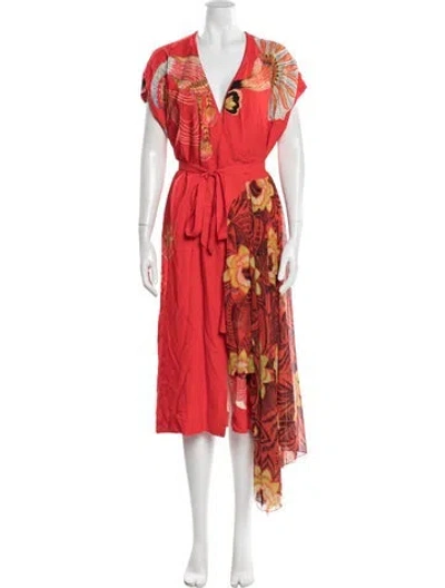Pre-owned Dries Van Noten Floral Print Midi Length Dress In Red