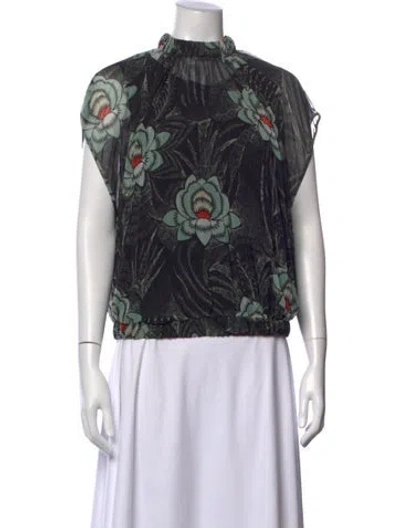 Pre-owned Dries Van Noten Floral Print Mock Neck Blouse In Black