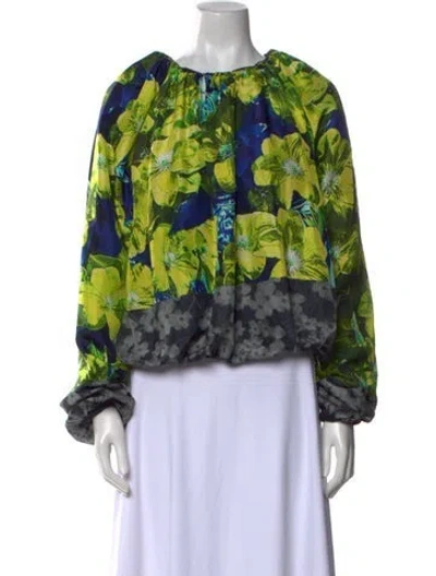 Pre-owned Dries Van Noten Floral Print Scoop Neck Blouse In Blue