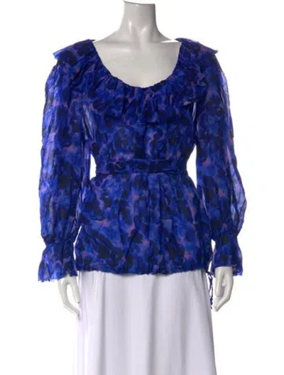 Pre-owned Dries Van Noten Floral Print Scoop Neck Blouse In Blue
