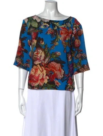 Pre-owned Dries Van Noten Floral Print Scoop Neck Blouse In Blue