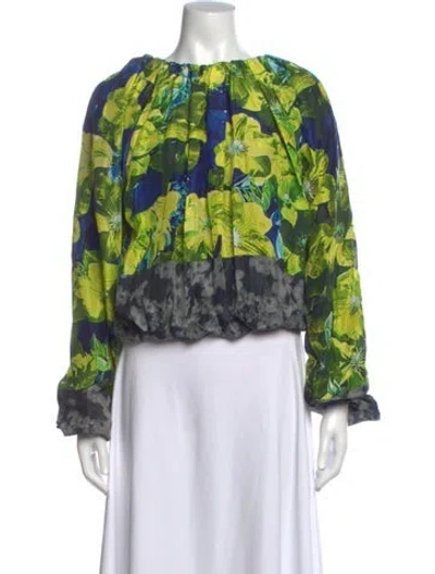 Pre-owned Dries Van Noten Floral Print Scoop Neck Blouse In Green