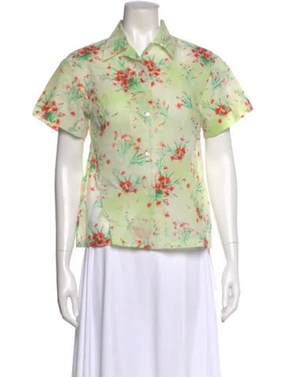 Pre-owned Dries Van Noten Floral Print Short Sleeve Blouse In Green