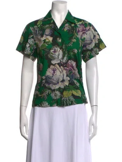 Pre-owned Dries Van Noten Floral Print Short Sleeve Blouse In Green