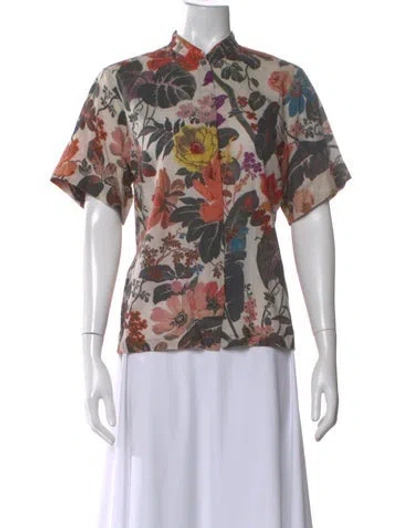 Pre-owned Dries Van Noten Floral Print Short Sleeve Blouse In Neutral