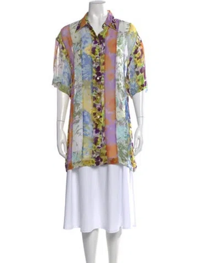 Pre-owned Dries Van Noten Floral Print Short Sleeve Blouse In Purple
