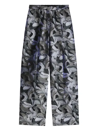 Dries Van Noten Floral-print Tailored Pants In Gray