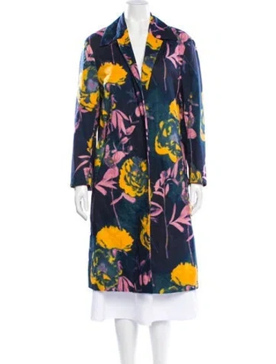 Pre-owned Dries Van Noten Floral Print Trench Coat In Blue
