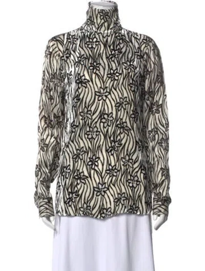 Pre-owned Dries Van Noten Floral Print Turtleneck Blouse In White