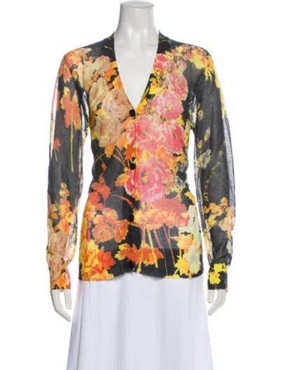 Pre-owned Dries Van Noten Floral Print V-neck Blouse In Blue