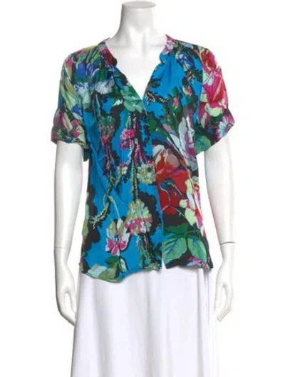 Pre-owned Dries Van Noten Floral Print V-neck Blouse In Blue