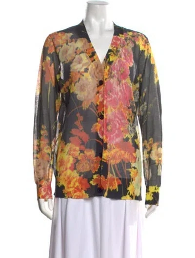 Pre-owned Dries Van Noten Floral Print V-neck Sweater In Black