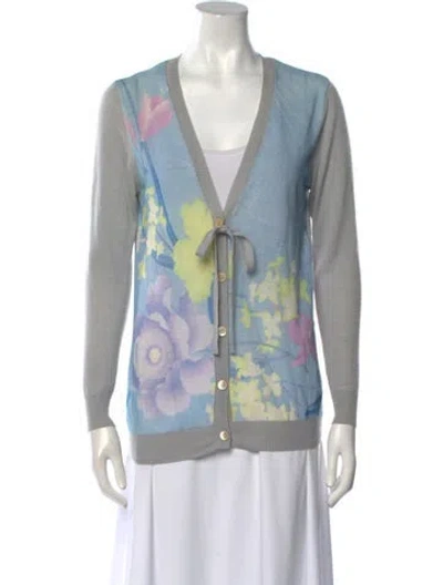 Pre-owned Dries Van Noten Floral Print V-neck Sweater In Gray