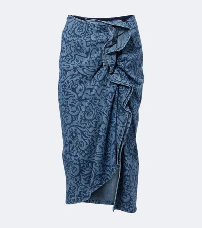 Dries Van Noten Floral Ruffled Denim Midi Skirt In Blue