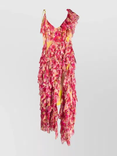 Dries Van Noten Floral Ruffled Sleeveless Dress With Asymmetric Hem In Pink