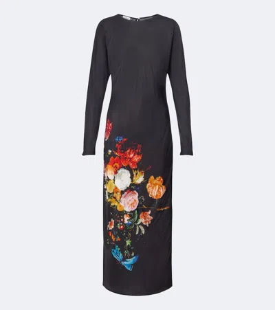 Dries Van Noten Floral Satin Maxi Dress In Black
