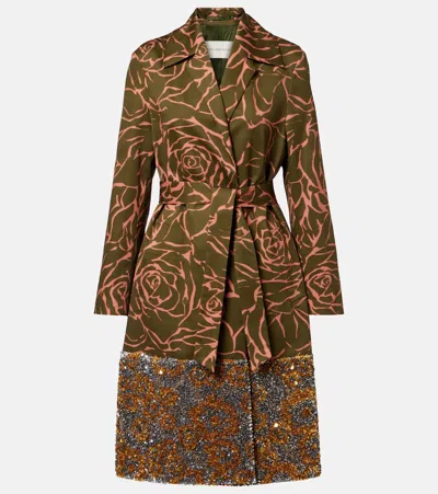 Dries Van Noten Floral Sequined Cotton Wrap Coat In Green
