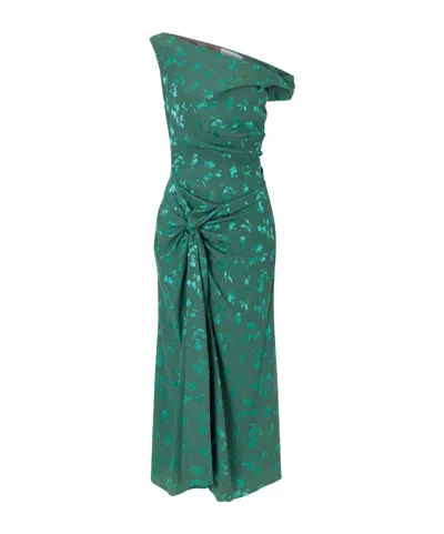 Dries Van Noten Floral-jacquard Knot-detail Satin Midi Dress In Green