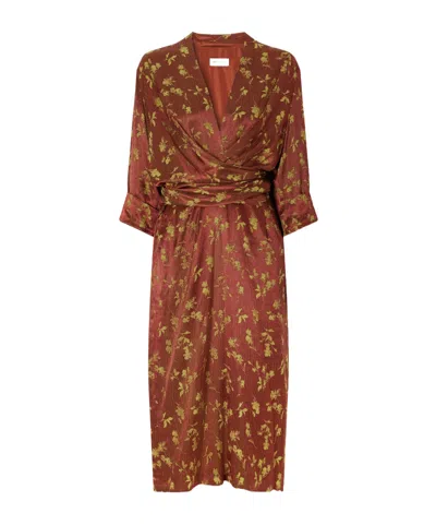 Dries Van Noten Floral-jacquard Satin Midi Dress In Brown