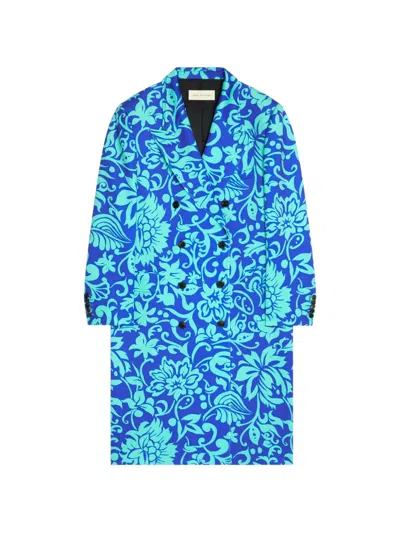 Dries Van Noten Floral-print Double-breasted Coat In Blue