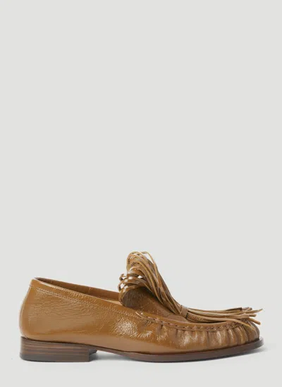 Dries Van Noten Fringe Embellished Leather Loafers In Beige