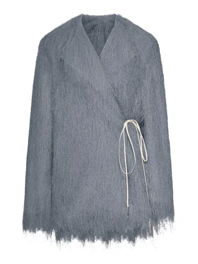 Dries Van Noten Short Coat With Fringed Hem And Tie In Blue