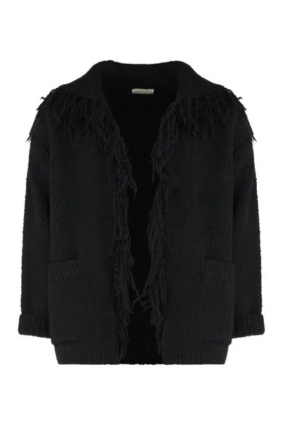 Dries Van Noten Fringed Wool Maxi Cardigan With Soft Collar In Black