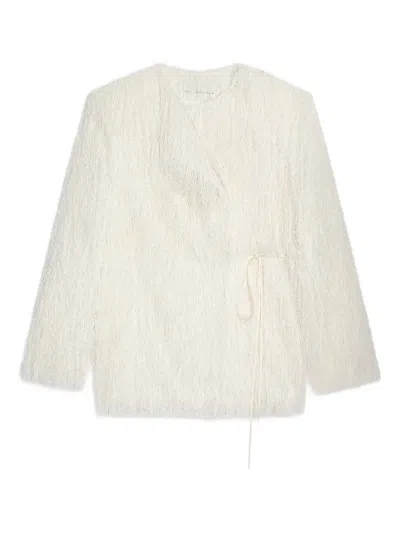 Dries Van Noten Fringed Coat With Knotted Belt And Tie In White