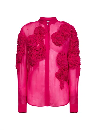 Dries Van Noten Fuchsia Silk Muslin Shirt With 3d Flowers In Pink