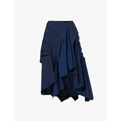 Dries Van Noten Womens Navy Gathered Asymmetric-hem Woven Midi Skirt