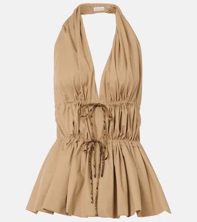 Dries Van Noten Gathered Halterneck Cotton Poplin Top In Beige