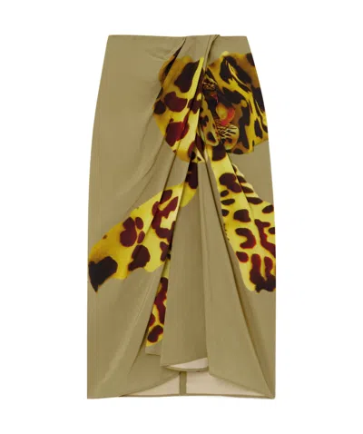 Dries Van Noten Gathered Printed Wrap-effect Satin Midi Skirt In Green
