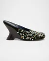 Dries Van Noten Gemstone Embellished Velvet Wedge Mules In Multi