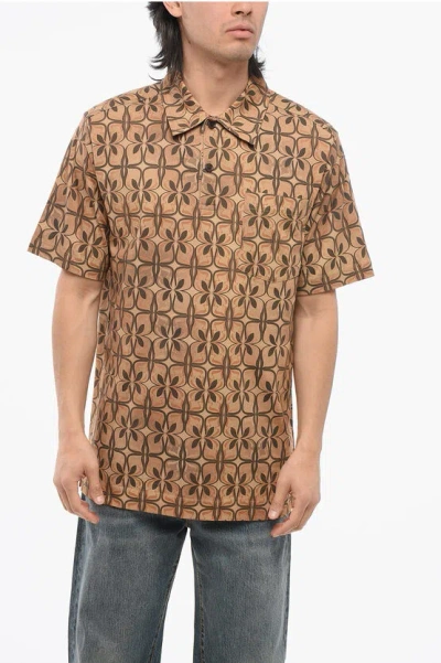 Dries Van Noten Geometric Patterned Helder Cotton Polo With Breast-pocket In Camel 102