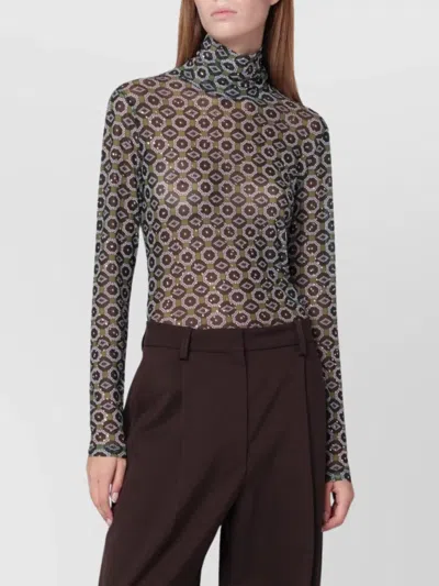 Dries Van Noten Crystal-embellished Printed Stretch-mesh Turtleneck Top In Brown