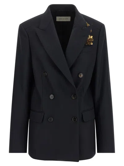 Dries Van Noten Gold Floral Embroidery Blazer In Black