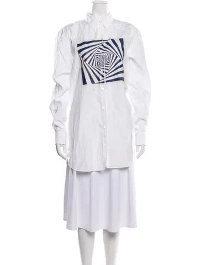 Pre-owned Dries Van Noten Graphic Print Long Sleeve Button-up Top In White