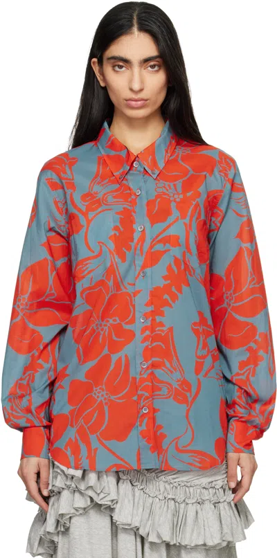 Dries Van Noten Gray & Orange Voile Floral Print Shirt In Multi