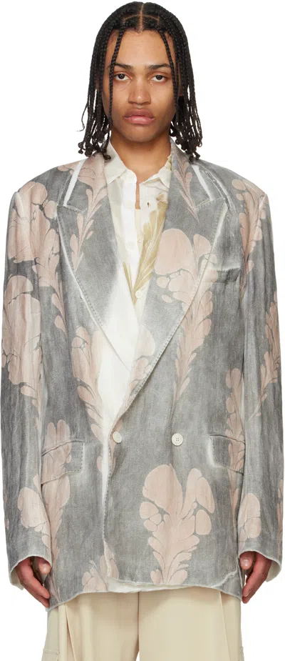 Dries Van Noten Gray & White Hand Printed Blazer In Dessin D 978