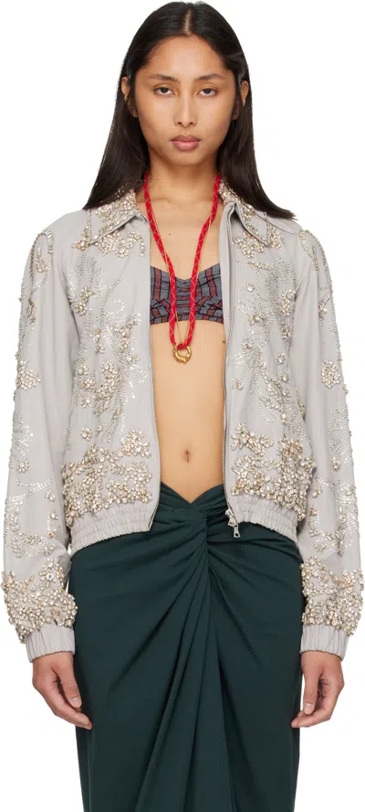 Dries Van Noten Gray Embroidered Cotton Blouson Jacket