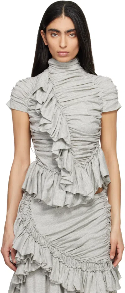 Dries Van Noten Gray Fitted Gathered High-neck Blouse