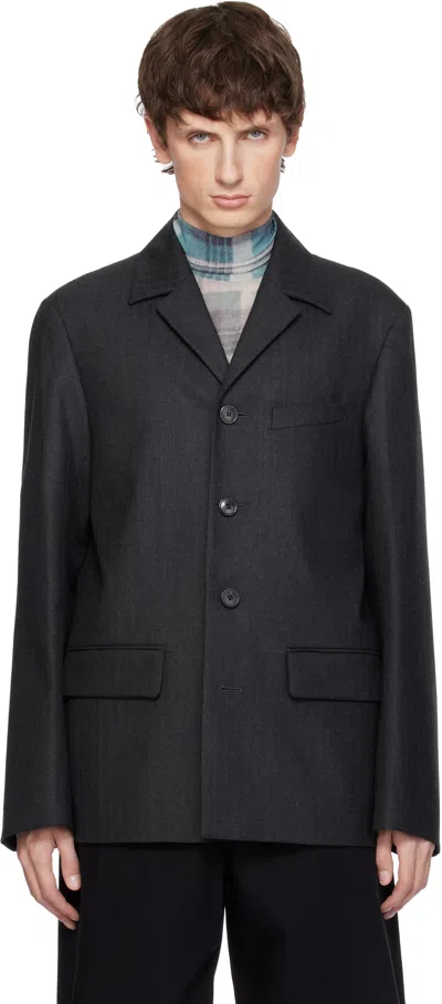 Dries Van Noten Gray Herringbone Wool Blazer In Black