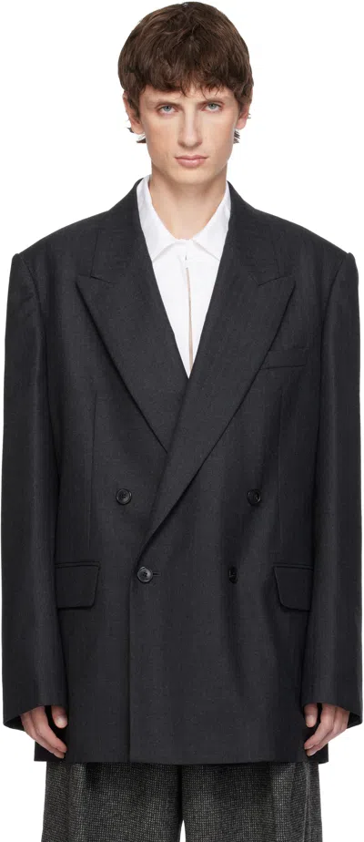 Dries Van Noten Gray Herringbone Wool Blazer In Blue