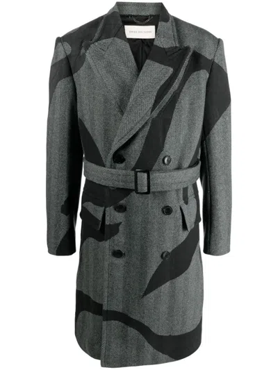 Dries Van Noten Grey Printed Coat In Black