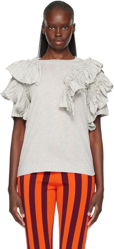 Dries Van Noten Gray Ruffled T-shirt In White