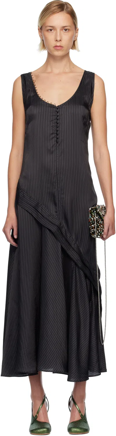 Dries Van Noten Gray Striped Midi Dress In Black