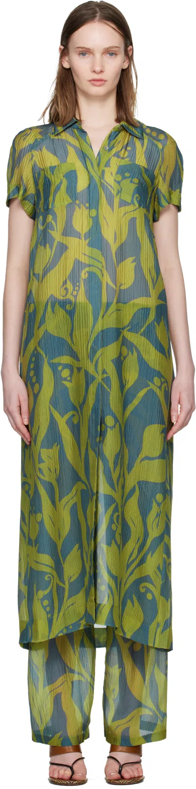 Dries Van Noten Green & Blue Long Shirt Maxi Dress