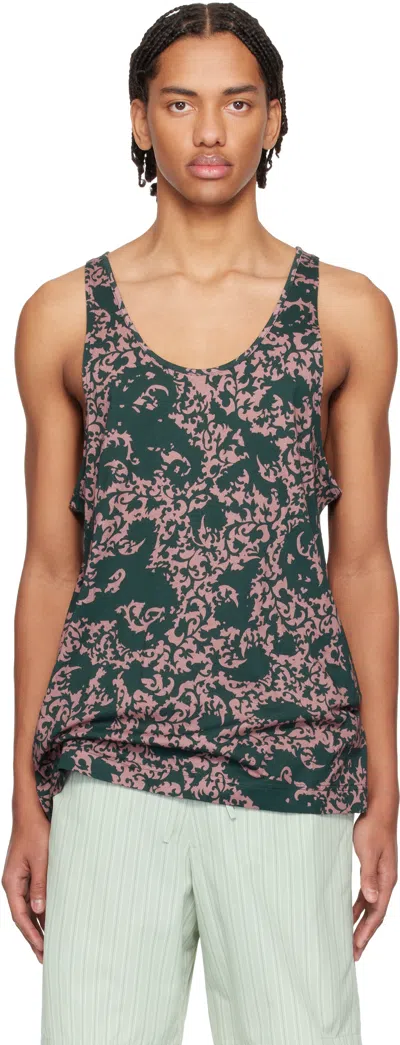 Dries Van Noten Green & Pink Floral Tank Top In Blue