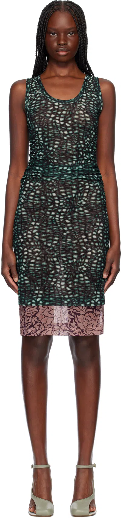 DRIES VAN NOTEN GREEN & PINK PRINTED MIDI DRESS