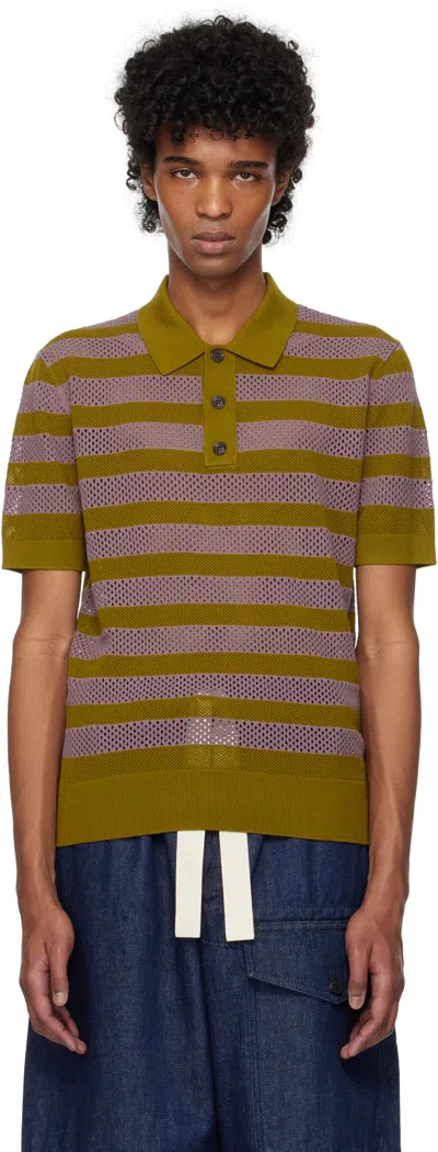 Dries Van Noten Green & Purple Striped Polo In 607 Olive